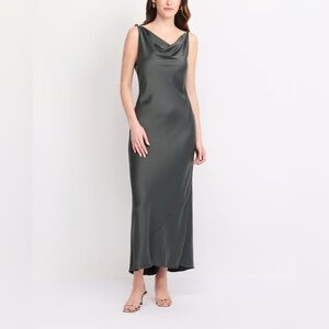 Montgomery Post Izzy Cowl Neck Maxi Dress Gray Satin Tank Dress NWT Size M